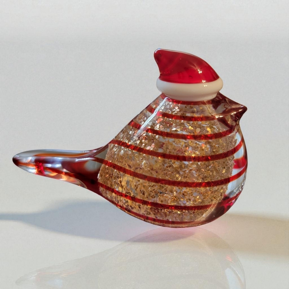 Art Glass Cardinal Bird Figurine with Santa Hat 5”L x 3.5”H paperweight glitter